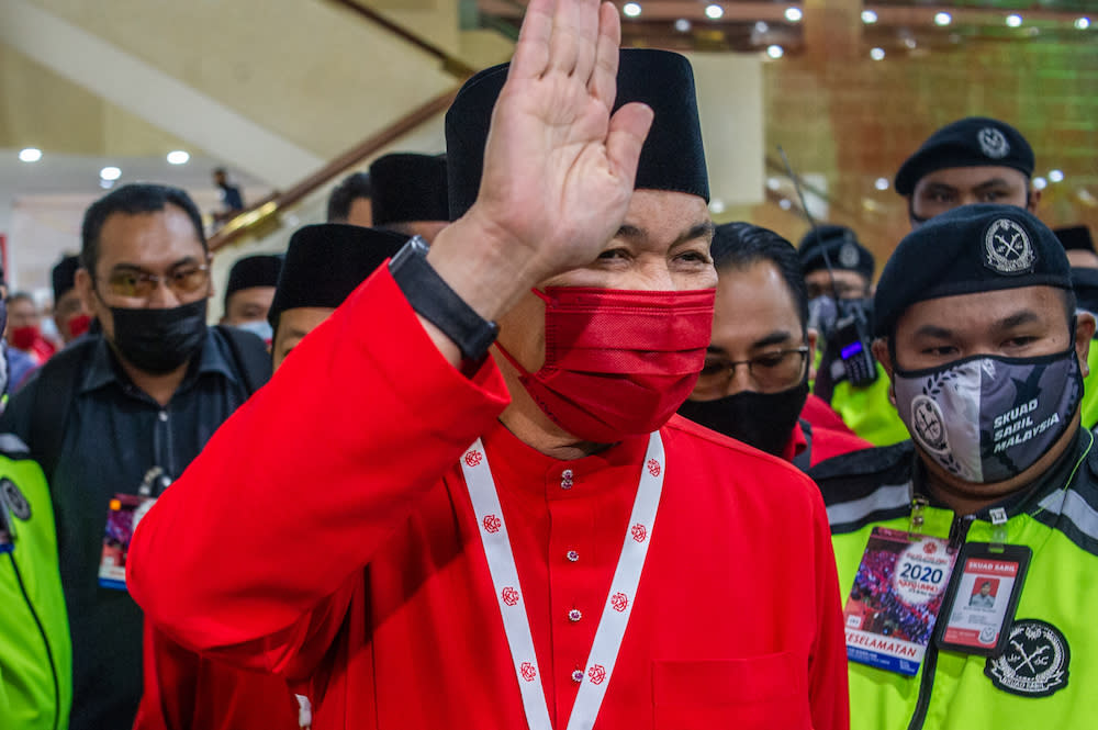 Umno president Datuk Seri Zahid Hamidi is pictured at the 2020 Umno annual general meeting in Kuala Lumpur on March 28, 2021. ― Picture by Shafwan Zaidon