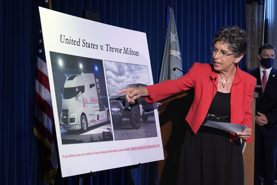 Audrey Strauss, the United States Attorney for the Southern District of New York, speaks during a news conference, in New York, Thursday, July 29, 2021. She announced that Trevor Milton, founder and one-time executive chair of Nikola Corp., surrendered Thursday in New York to face charges alleging he lied about the electric and hydrogen-powered truck startup, duping some financially struggling novice investors looking for income during the pandemic. (AP Photo/Richard Drew)