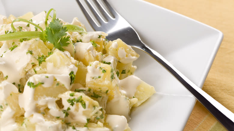 potato salad white plate fork