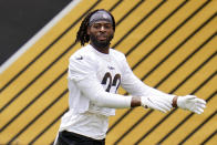 Pittsburgh Steelers running back and first round pick Najee Harris warms up during the team's NFL mini-camp football practice in Pittsburgh, Tuesday, June 15, 2021. (AP Photo/Gene J. Puskar)