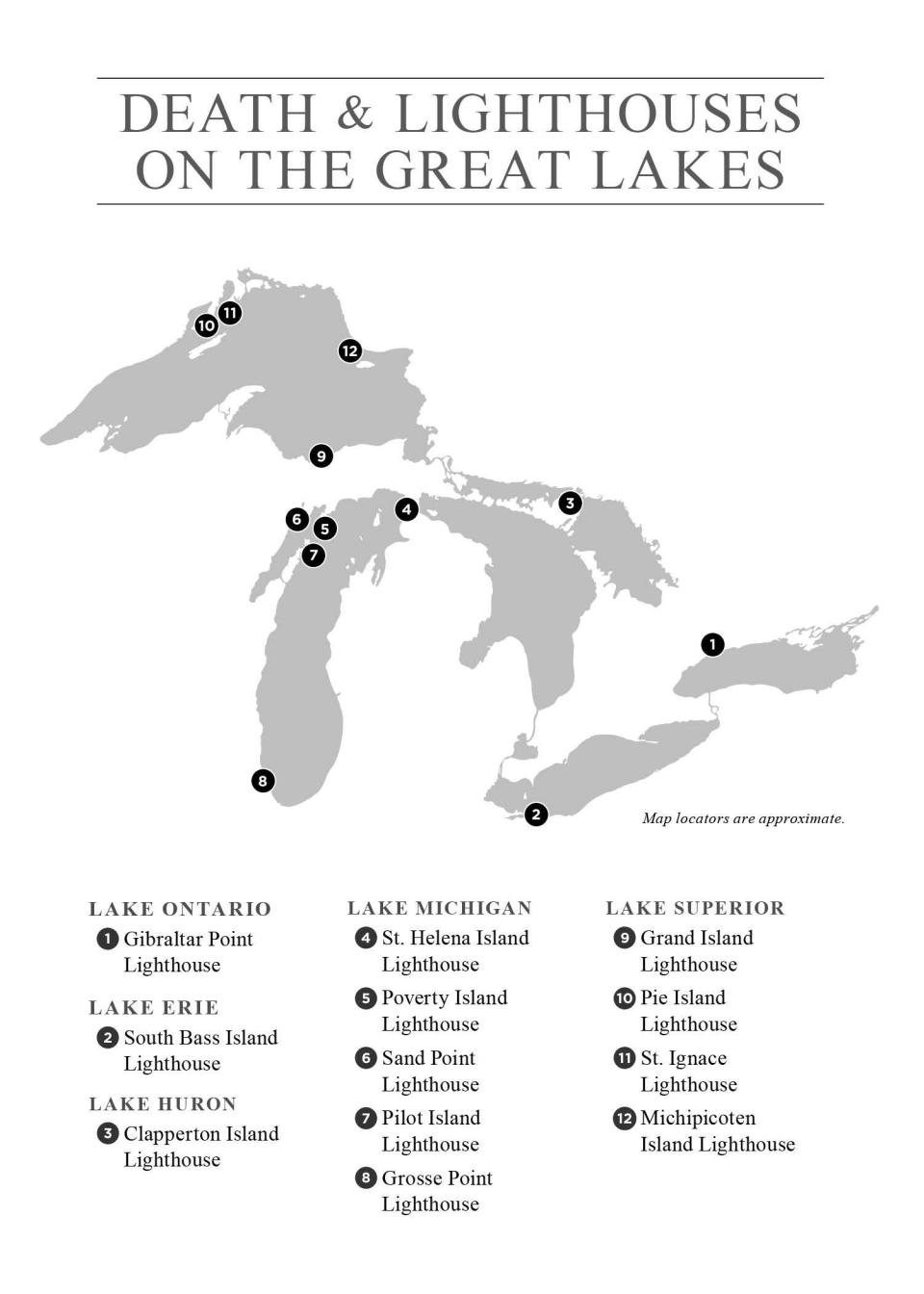 This map shows several lighthouses along the Great Lakes where death and tragedy has occurred. The stories of these events are featured in Dianna Stampfler's book “Death and Lighthouses on the Great Lakes.”