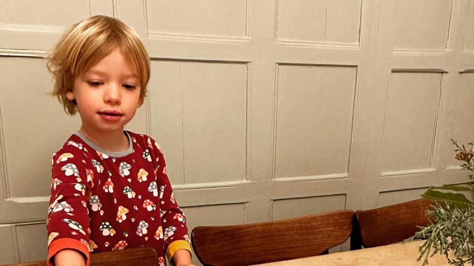 jamie's son in dining room with wood-panelled walls