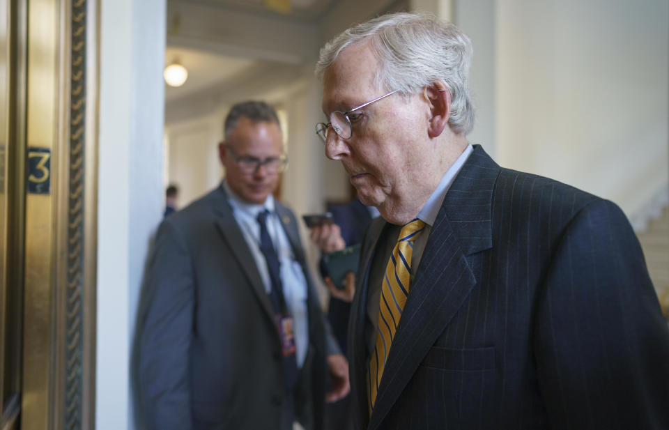 May 26, 2021 photo shows Senate Minority Leader Mitch McConnell leaving a  lunch at the Capitol in Washington. Senate Republicans are ready to deploy the filibuster to block legislation establishing a commission on the deadly Jan. 6 insurrection. / Credit: J. Scott Applewhite / AP