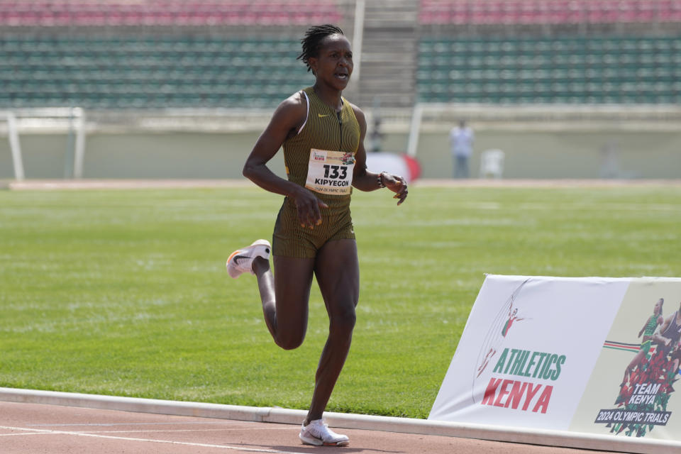 Faith Kipyegon, of Kenya leads 1500m Women Final, during the Kenya track and field Paris 2024 Olympics trials, at the Nyayo National Stadium Nairobi, Kenya Saturday, June 15, 2024. (AP Photo/Brian Inganga)