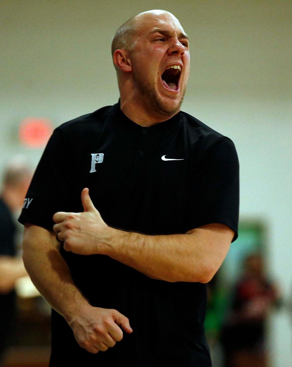 Parkview head coach Jack Simpson yells in anguish as his team turned the ball over near the end of the 4th quarter during the State Quarter Final game against Jefferson City in Springfield on March 9, 2024.