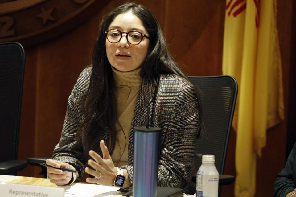 State Rep. Andrea Romero, D-Santa Fe, announces legislative initiatives on public safety at a news conference, Friday, Jan. 12, 2024, in Santa Fe organized by New Mexico Gov. Michelle Lujan Grisham. Romero plans to sponsor legislation that places new limitations on assault-style weapons that reduce a shooter's ability to fire off dozens of rounds a second and attach new magazines to keep firing. (AP Photo/Morgan Lee)