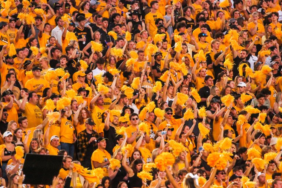 Missouri Tiger fans cheer for MU during the Tigers' 35-10 win over South Dakota at Memorial Stadium on August 31, 2023, in Columbia, Mo.