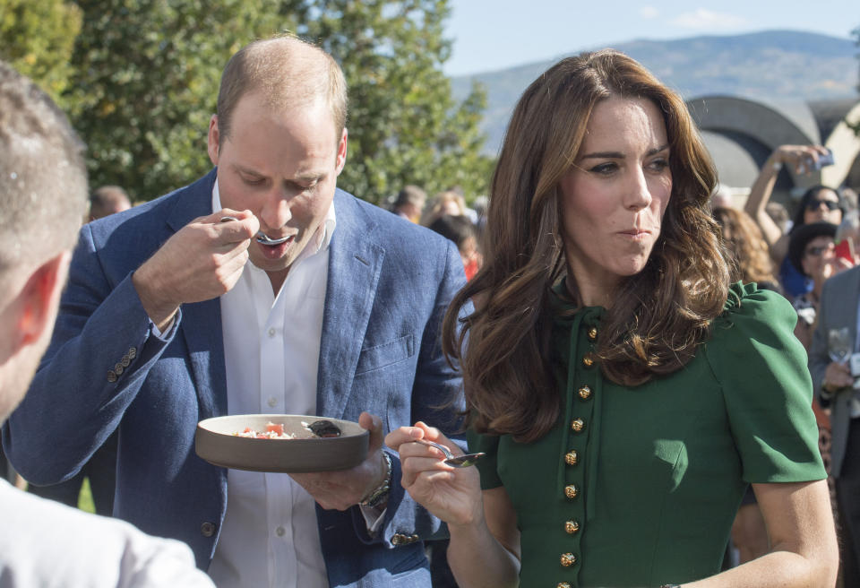 The Duke and Duchess of Cambridge taste local foodstuffs during a visit to the Mission Hill winery in Kelowna, Canada, on Sept. 27, 2016, the fourth day of the royal tour to Canada.