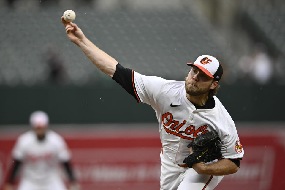 Baltimore Orioles starting pitcher Corbin Burnes throws during the first inning of the team's baseball game against the Kansas City Royals, Wednesday, April 3, 2024, in Baltimore. (AP Photo/Nick Wass)