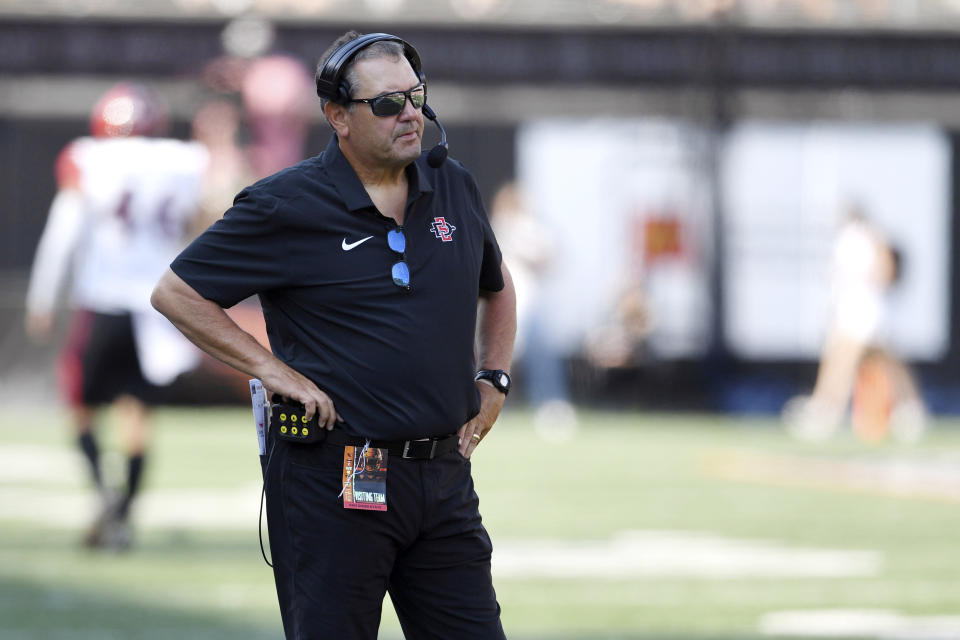 San Diego State head coach Brady Hoke looks on during the second half of an NCAA college football game against Oregon State, Saturday, Sept. 16, 2023, in Corvallis, Ore. Oregon State won 26-9. (AP Photo/Mark Ylen)