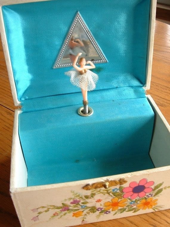 An open jewelry box with a flower pattern on the outside and with teal cloth interior and a tiny ballerina in front of mirror 