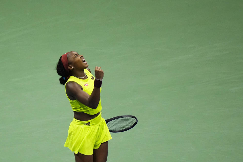 Coco Gauff, of the United States, celebrates after winning a match against Elise Mertens, of Belgium, during the third round of the U.S. Open tennis championships, Friday, Sept. 1, 2023, in New York. (AP Photo/Frank Franklin II)