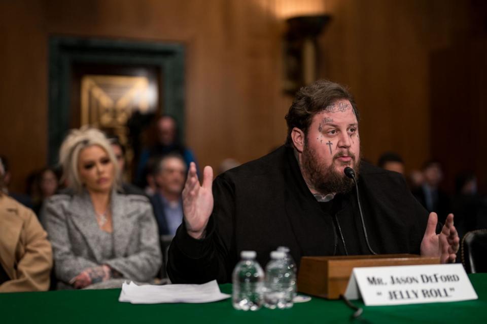 PHOTO: Jason 'Jelly Roll' DeFord testifies before the Senate Banking, Housing, and Urban Affairs committee, Jan. 11, 2024, in Washington, D.C.  (Kent Nishimura/Getty Images)