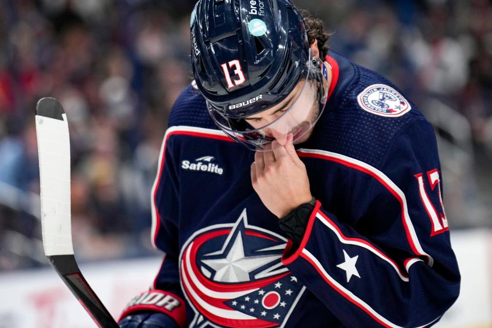 Oct 20, 2022; Columbus, Ohio, USA;  Columbus Blue Jackets forward Johnny Gaudreau (13) reacts after missing a goal attempt against the Nashville Predators during the third period of the hockey game between the Columbus Blue Jackets and the Nashville Predators at Nationwide Arena. Mandatory Credit: Joseph Scheller-The Columbus Dispatch