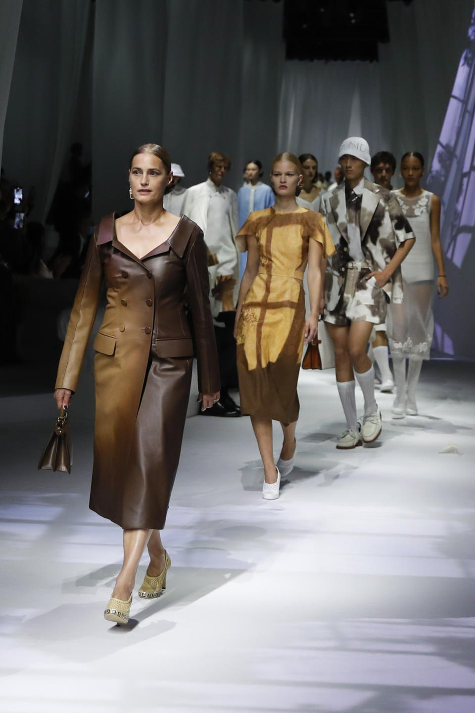 Model Yasmin Le Bon wears a creation as part of the Fendi 2021 women's spring-summer ready-to-wear collection during the Milan's fashion week in Milan, Italy, Wednesday, Sept. 23, 2020. (AP Photo/Antonio Calanni)