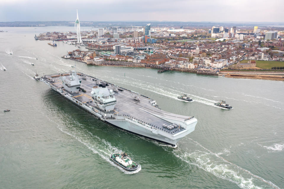 HMS Queen Elizabeth sets sail from Portsmouth on Saturday afternoon. (SWNS)  