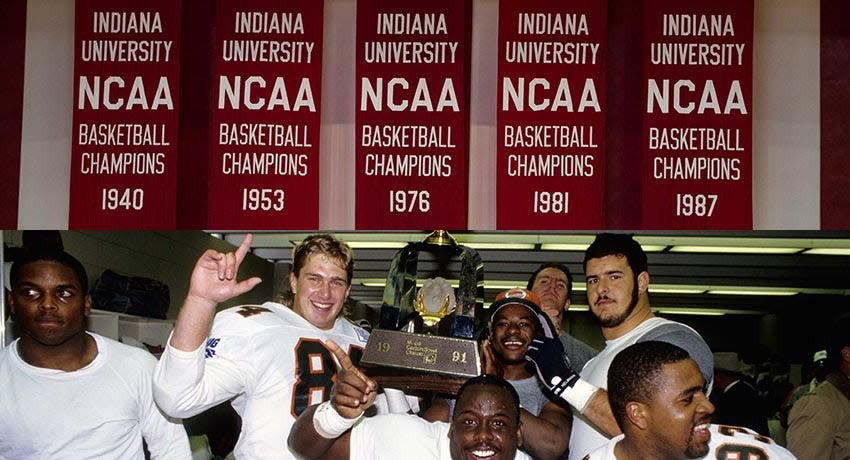 Indiana basketball banners (top); Miami football trophies