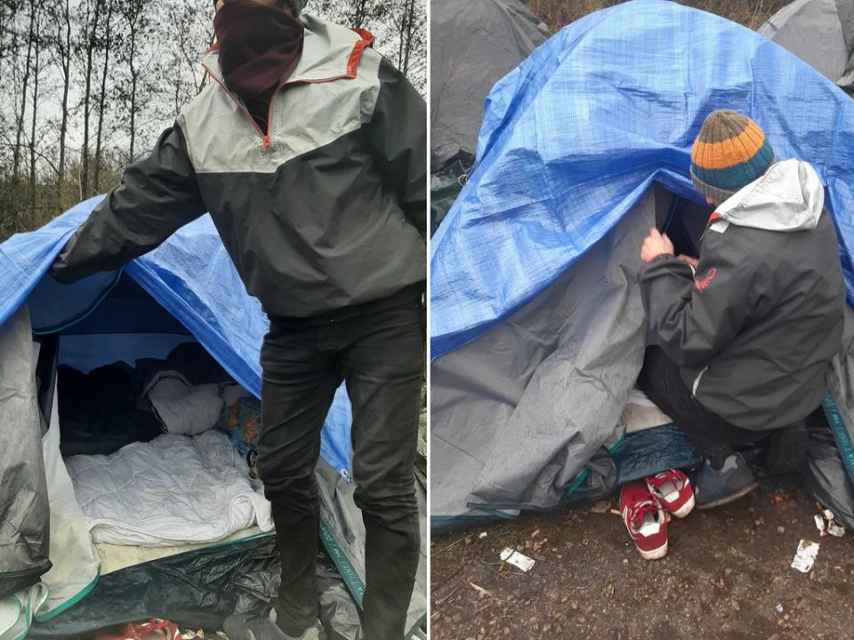 A tent for two men at the Grande-Synthe camp (Zoe Tidman/The Independent)