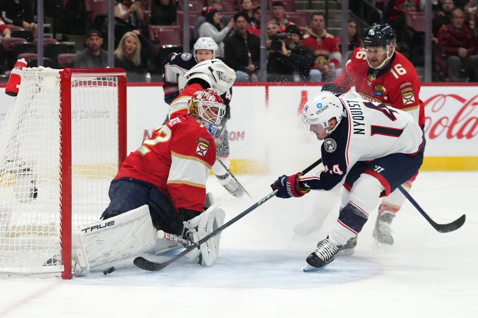 Dec 13, 2022; Sunrise, Florida, USA; Florida Panthers goaltender Sergei Bobrovsky (72) makes a save on the shot take by Columbus Blue Jackets left wing Gustav Nyquist (14) during the first period at FLA Live Arena. Mandatory Credit: Jasen Vinlove-USA TODAY Sports