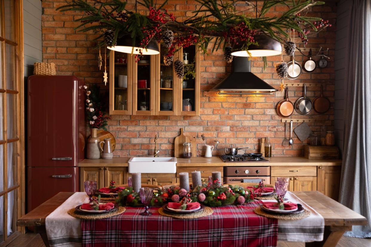  A modern kitchen decorated for the holidays. 