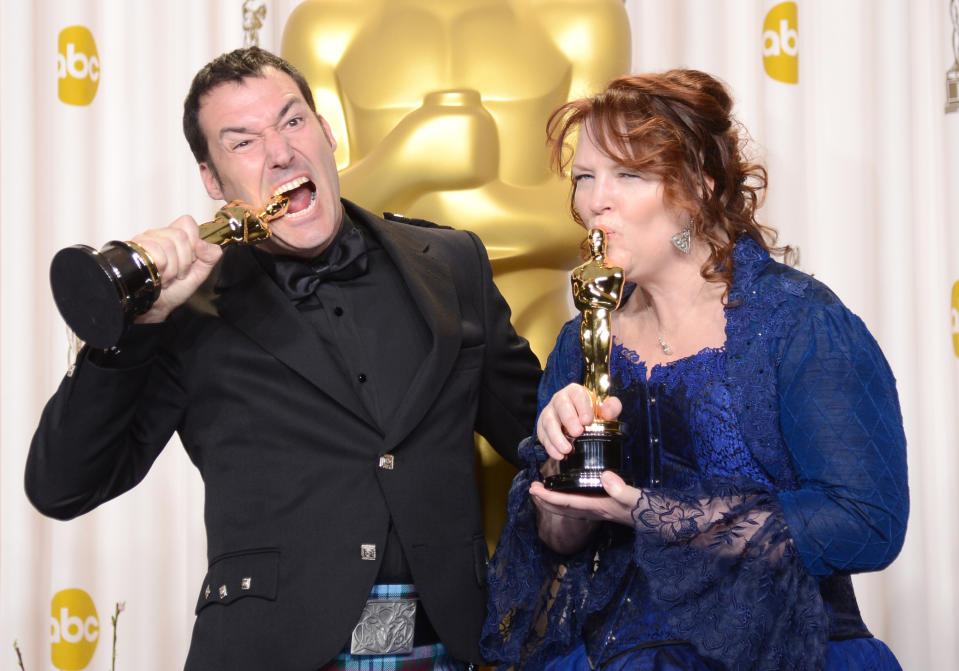 HOLLYWOOD, CA - FEBRUARY 24:  Directors Mark Andrews and Brenda Chapman, winners of the Best Animated Feature award for "Brave," pose in the press room during the Oscars held at Loews Hollywood Hotel on February 24, 2013 in Hollywood, California.  (Photo by Jason Merritt/Getty Images)