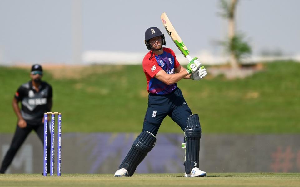 Jos Buttler of England bats during the England and New Zealand warm Up Match prior to the ICC Men's T20 World Cup at on October 20, 2021 in Abu Dhabi, United Arab Emirates - Gareth Copley-ICC/ICC via Getty Images