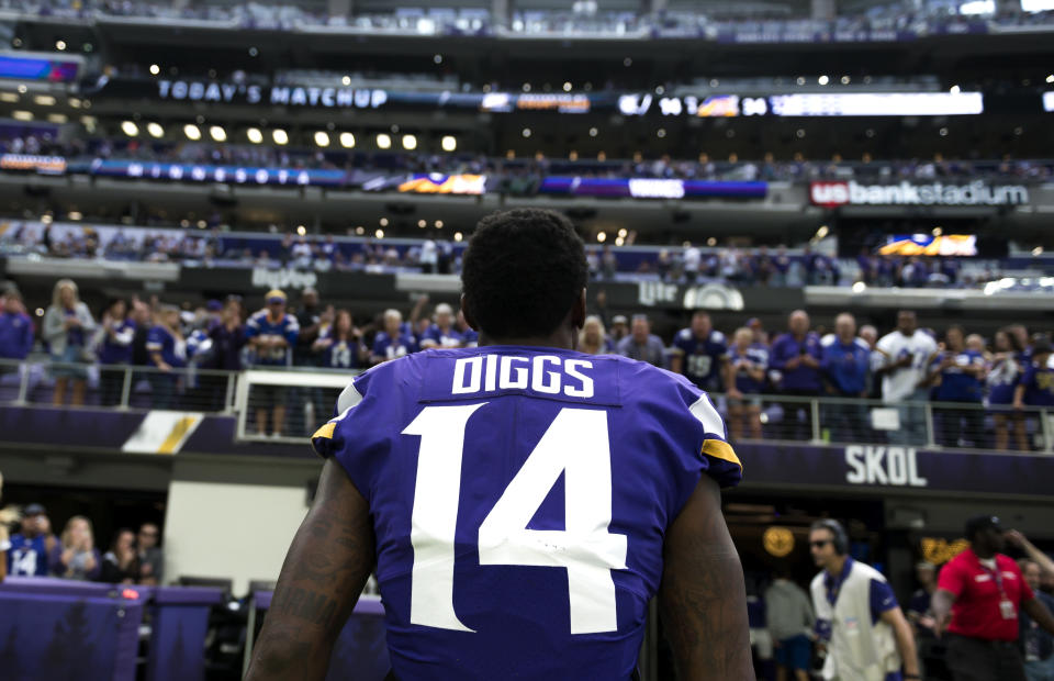 MINNEAPOLIS, MN - SEPTEMBER 22: Stefon Diggs #14 of the Minnesota Vikings leaves the field after the game against the Oakland Raiders at U.S. Bank Stadium on September 22, 2019 in Minneapolis, Minnesota. The Vikings defeated the Raiders 34-14. (Photo by Stephen Maturen/Getty Images)