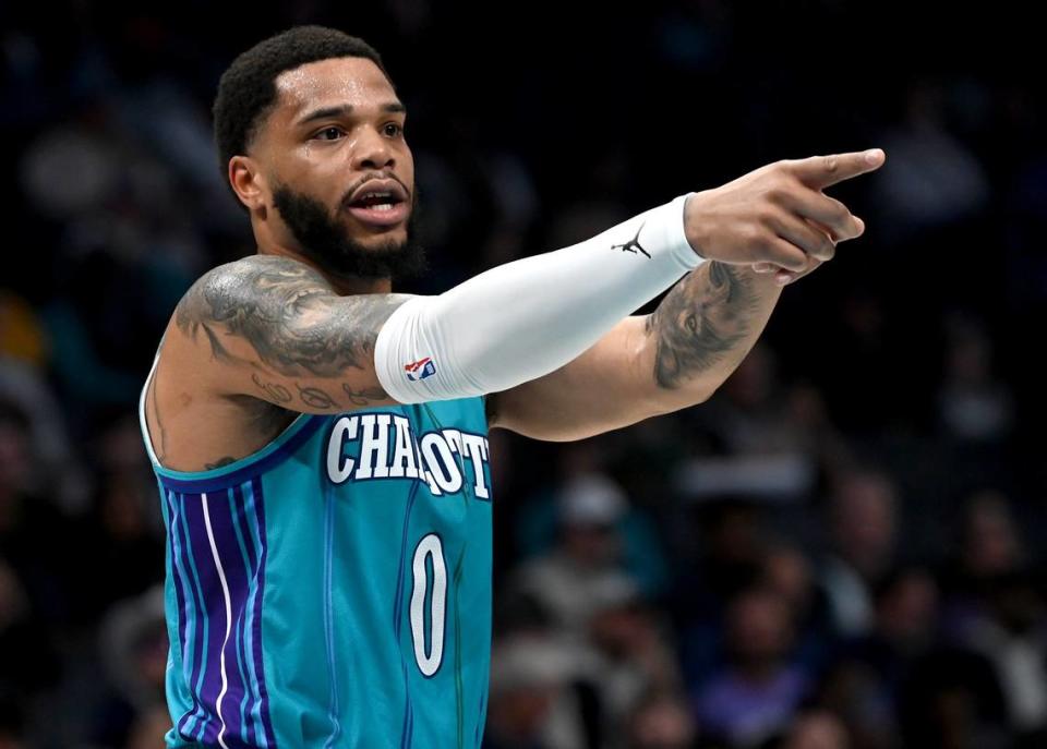Charlotte Hornets forward Miles Bridges directs his teammates during first half action against the Milwaukee Bucks at Spectrum Center in Charlotte, NC on Thursday, February 29, 2024.