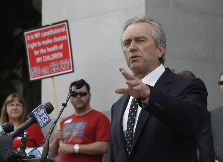 Robert Kennedy, Jr. the nephew of President John F. Kennedy and son of former U.S. Attorney General Robert Kennedy, spoke against a measure requiring California schoolchildren to get vaccinated, during a rally at the Capitol in Sacramento, Calif., Wednesday, April 8, 2015. The bill SB277 by Sen. Richard Pan, D-Sacramento, and Sen. Ben Allen, D-Santa Monica will be heard by the California Senate Health committee Wednesday. If approved by the Legislature and signed by the governor, parents could no longer cite personal beliefs or religious reasons to send unvaccinated children to private and public schools unless a child's health is in danger. (AP Photo/Rich Pedroncelli)