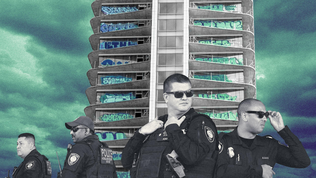  Photo collage of LAPD officers superimposed in front of the graffiti tower. 