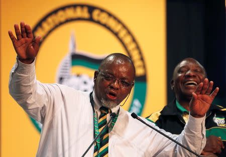 FILE PHOTO: National Chairperson of the African National Congress (ANC) Gwede Mantashe gestures at the end of the 54th National Conference of the ruling ANC at the Nasrec Expo Centre in Johannesburg, South Africa, December 21, 2017. REUTERS/Siphiwe Sibeko