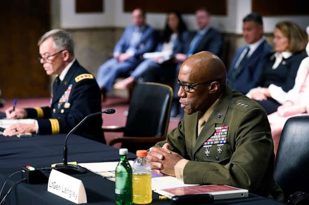 PHOTO: Lt. Gen. Michael Langley, speaks during a Senate Armed Services hearing to examine the nominations on Capitol Hill, July 21, 2022, in Washington, D.C. Lt. Gen. Bryan Fenton, is left. (Mariam Zuhaib/AP)