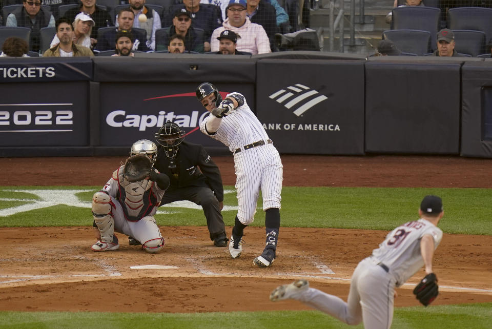 New York Yankees Aaron Judge connects for a solo home run against the Cleveland Guardians during the second inning of Game 5 of an American League Division baseball series, Tuesday, Oct. 18, 2022, in New York. (AP Photo/Seth Wenig)