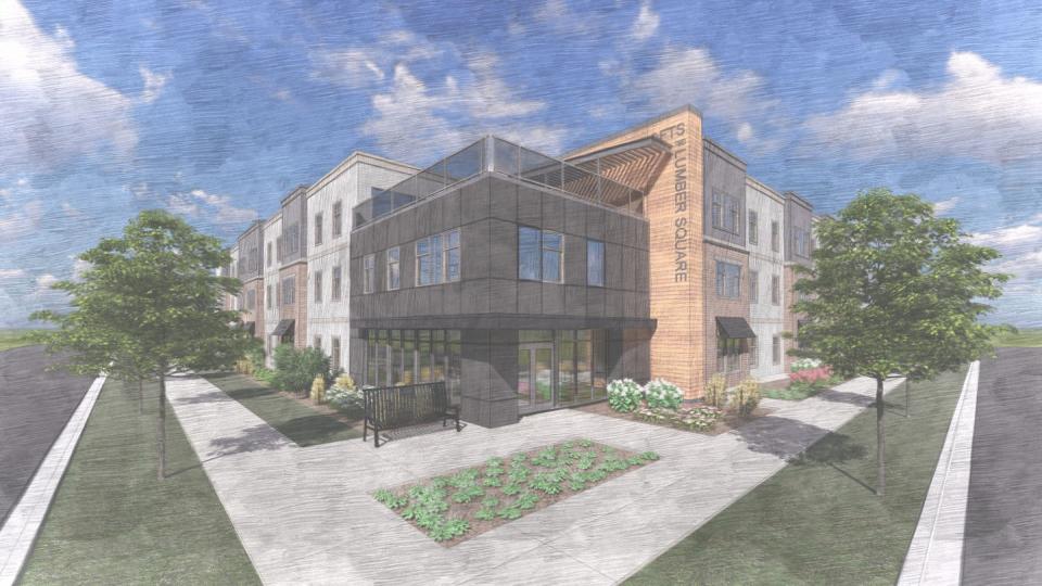 This is a proposed rendering of The Lofts at Lumber Square, a 60-unit apartment building located at 900 Emmet St. in Petoskey.
