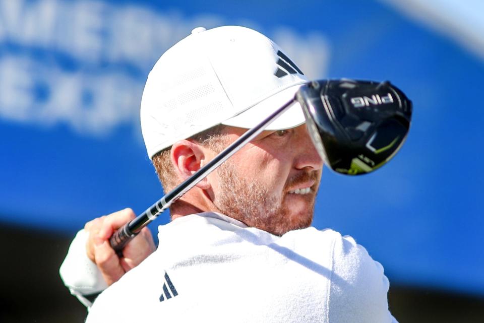 Daniel Berger tees off on the first tee of the PGA West Stadium Course during the first round of The American Express in La Quinta, Calif., on Thursday, Jan. 18, 2024.