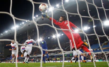 Soccer Football - Europa League - Everton vs Olympique Lyonnais - Goodison Park, Liverpool, Britain - October 19, 2017 Everton's Ashley Williams scores their first goal REUTERS/Andrew Yates