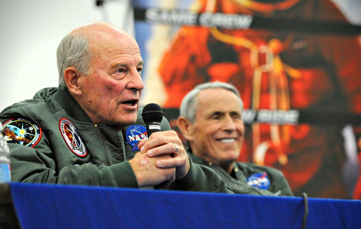 Apollo Astronaut Jack Lousma (left) was born on Feb. 29, 1936.