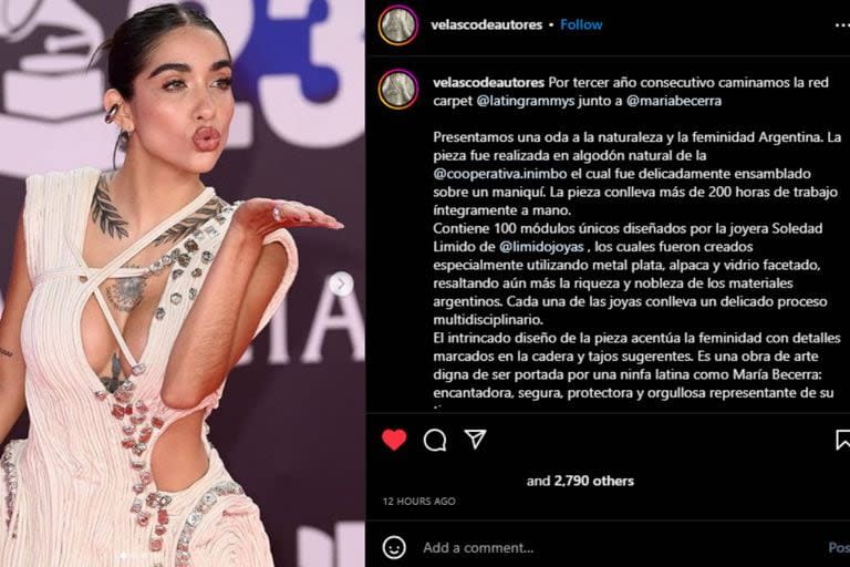 Emila Velazco habló sobre el diseño del vestido a María Becerra (Foto Instagram @velascodeautores)