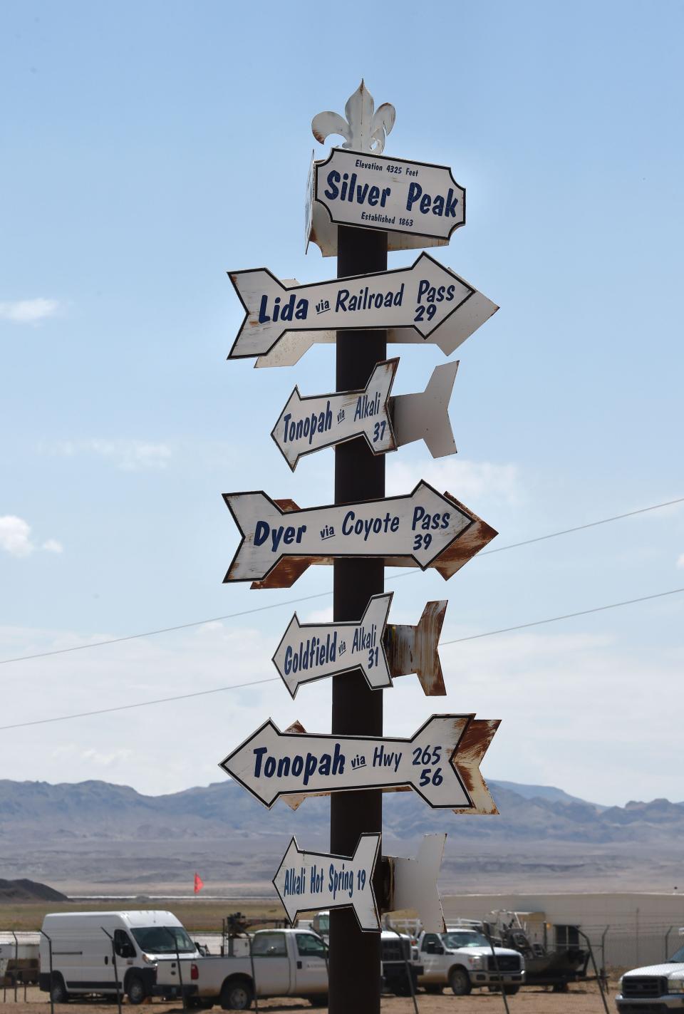 A sign in Silver Peak, Nevada point to different towns in Nevada. Silver Peak is in the Clayton Valley in Central Nevada, about halfway between Reno and Las Vegas. 