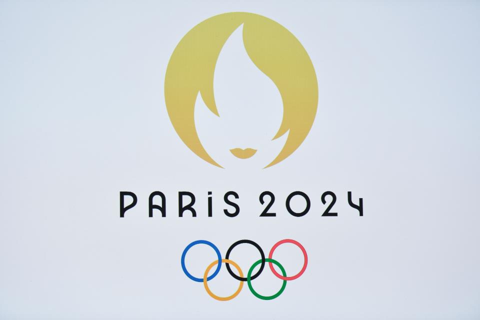 TOPSHOT - This picture taken on October 21, 2019 shows a logo during a logo presentation ceremony for Paris 2024 Olympic Games at the Grand Rex cinema in Paris. (Photo by STEPHANE DE SAKUTIN / AFP) (Photo by STEPHANE DE SAKUTIN/AFP via Getty Images)