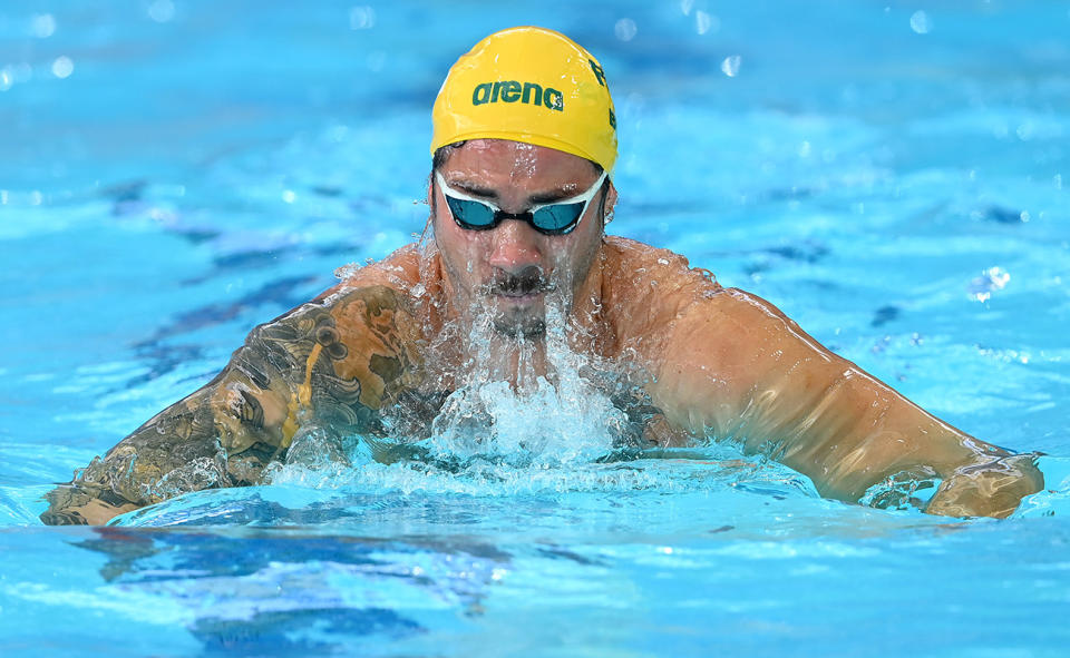 Grayson Bell, pictured here competing in the mixed 4x50m medley relay heats at the world short course swimming championships.