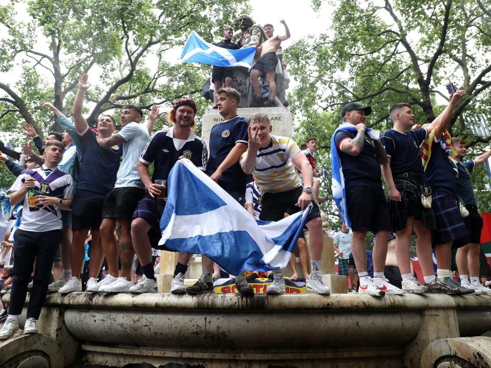 Scotland fans gather in Leicester Square before the UEFA Euro 2020 match between England and Scotland (Kieran Cleeves/PA)