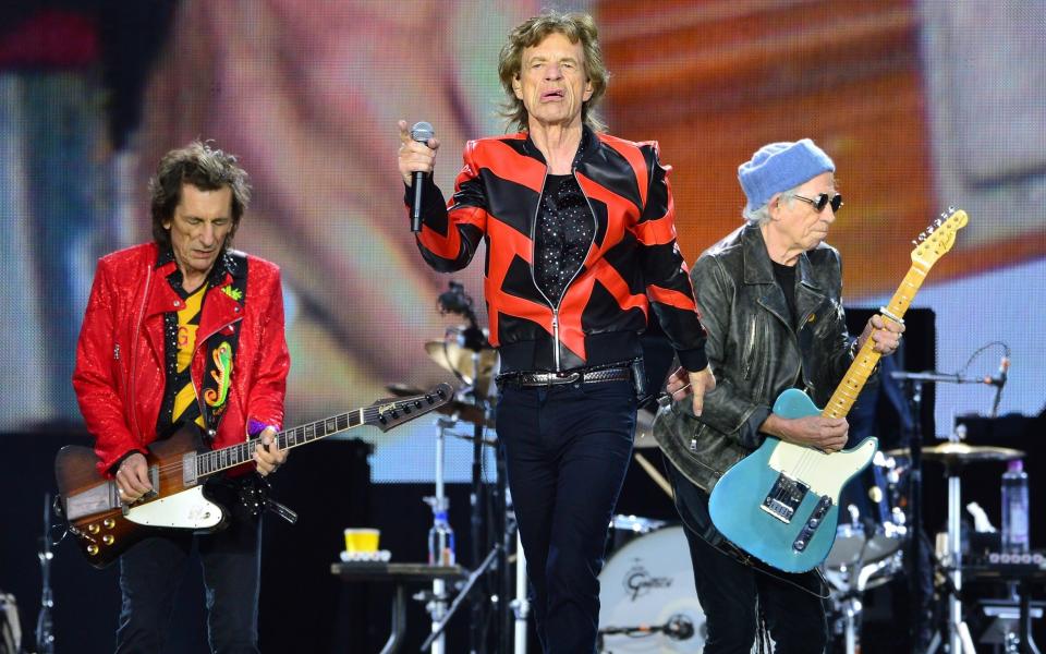 Jagger with Ronnie Wood and Keith Richards at Anfield stadium in Liverpool earlier this month as part of The Rolling Stones’ Sixty tour - Redferns