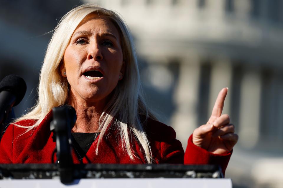 U.S. Rep. Marjorie Taylor Greene, R-Ga., speaks alongside U.S. Rep. Tony Gonzales, R-Texas, at a news conference on border security outside of the U.S. Capitol Building on November 14, 2023 in Washington, DC.