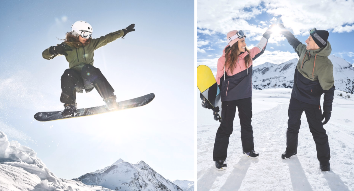 woman snowboarding, couple in snow high five