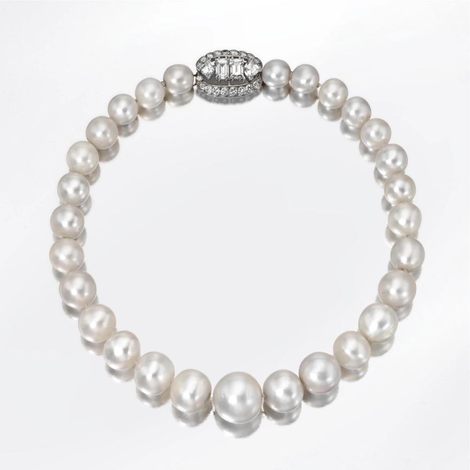 A pearl necklace once belonging to Queen Mary, the Duchess of Windsor and Kelly Klein, Cartier, Sotheby's, jewelry, diamonds, most expensive