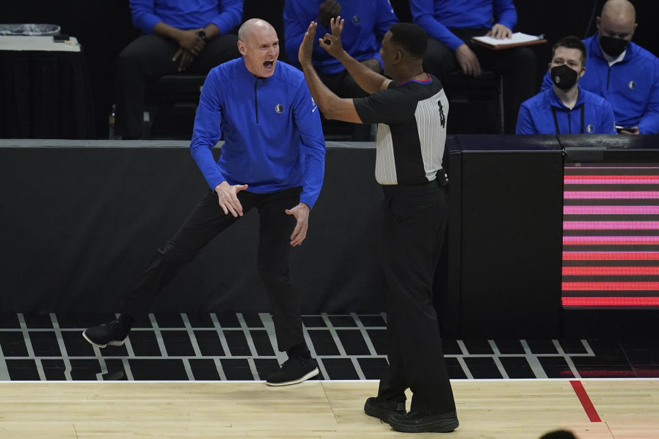 Dallas Mavericks head coach Rick Carlisle disputes a call during the first quarter of Game 7 of an NBA basketball first-round playoff series against the Los Angeles Clippers Sunday, June 6, 2021, in Los Angeles, Calif. (AP Photo/Ashley Landis)
