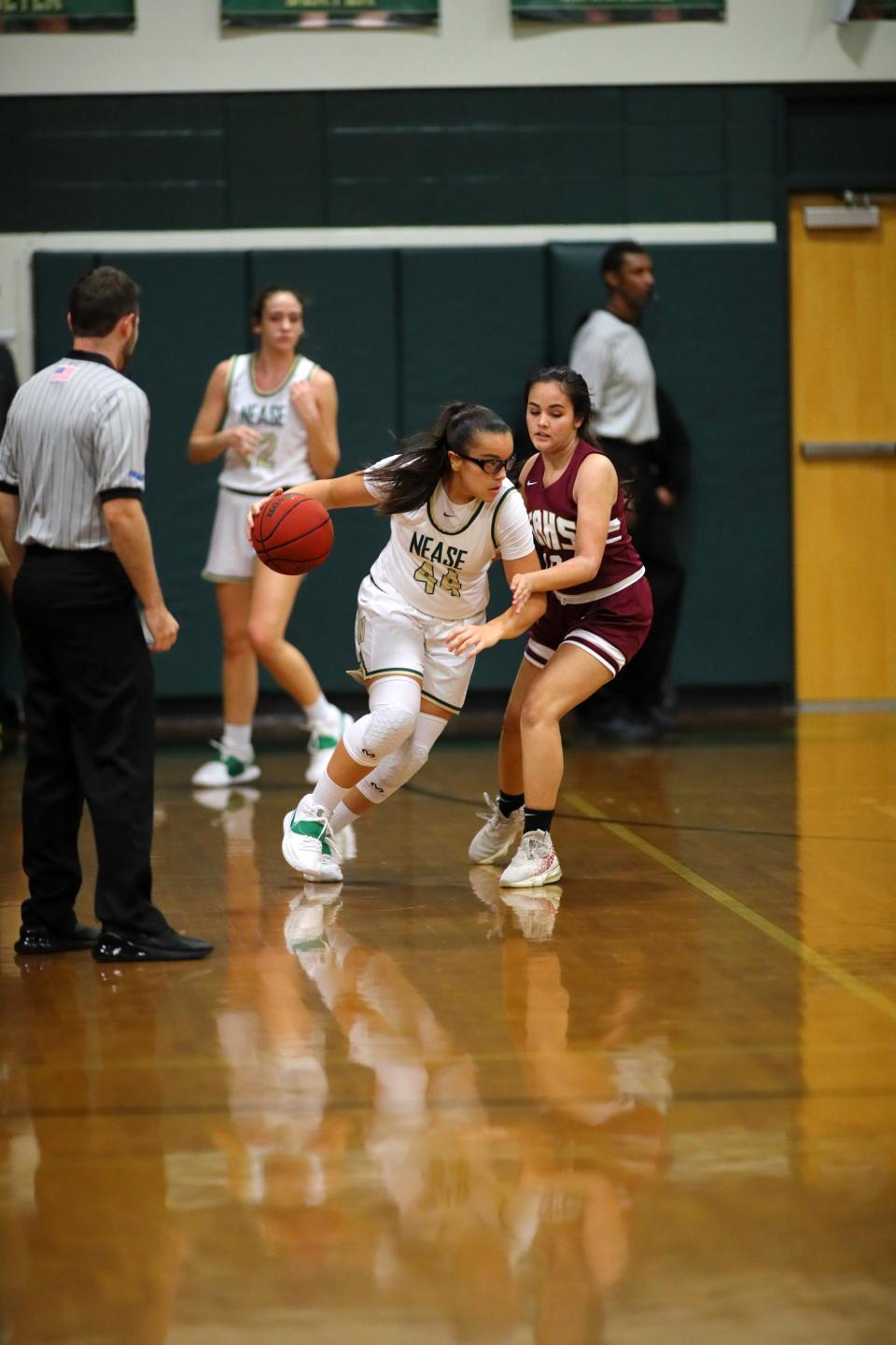 Junior guard Sydney Gomes (44) transferred to Nease after moving to the area from Staten Island. She tallied more than 1,300 points in her first two years at New Dorp (N.Y.), setting Staten Island records along the way. She is averaging 23 points per game to start the 2020-21 season.