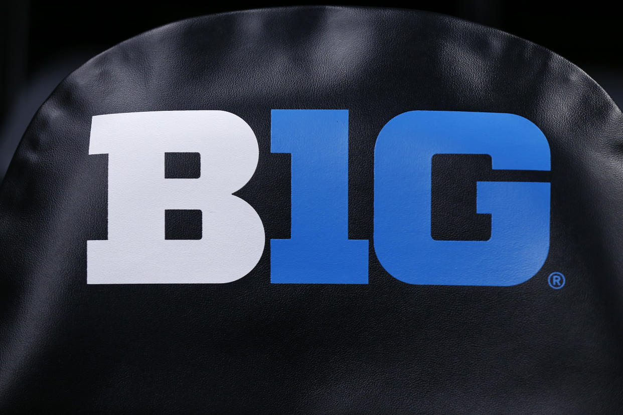 INDIANAPOLIS, IN - MARCH 02: The Big Ten B1G Logo on a seat back during the Women's Big Ten Tournament game between the Rutgers Scarlet Knights and the Penn State Nitty Lions on March 02, 2022, at Gainbridge Fieldhouse, in Indianapolis, IN. (Photo by Jeffrey Brown/Icon Sportswire via Getty Images)