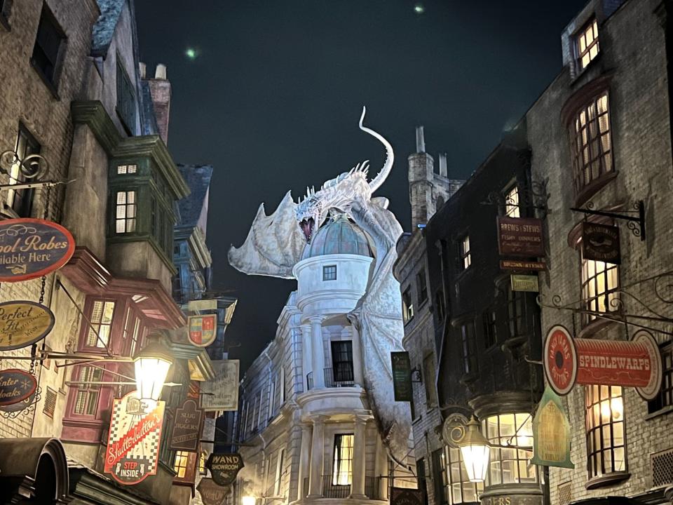 The Wizarding World of Harry Potter - Diagon Alley stays open during Orlando's HHN. Guests may see Death Eaters roaming through, as they do at Universal Studios Hollywood's Wizarding World of Harry Potter - Hogsmeade during HHN.